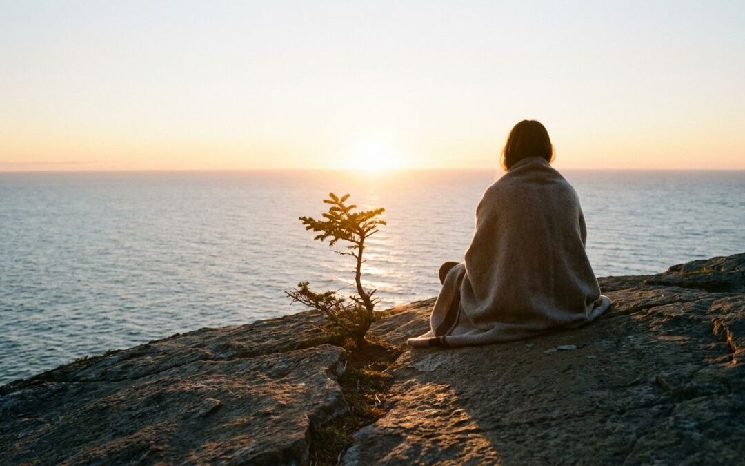 Thoughtful person sitting on a bench at sunrise, reflecting on starting over after a major life setback